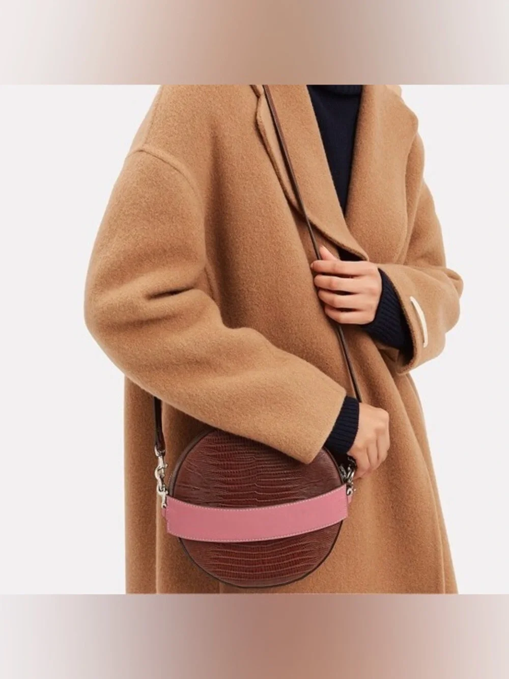 Little Liffner Croc-Embossed Leather Tambourine Circular Crossbody Cognac Brown